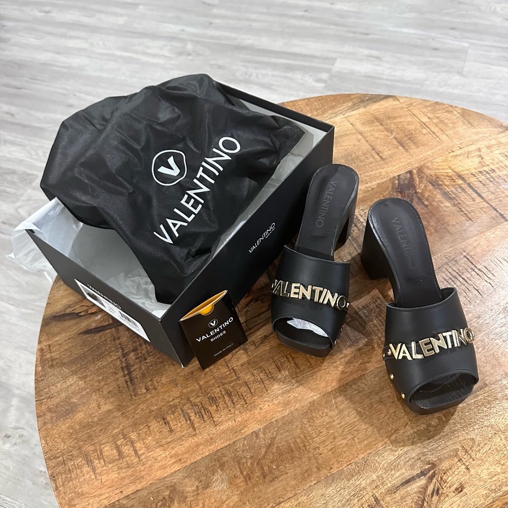 Valentino Black Leather Gold Metal Block Wood Slide Sandals Heels